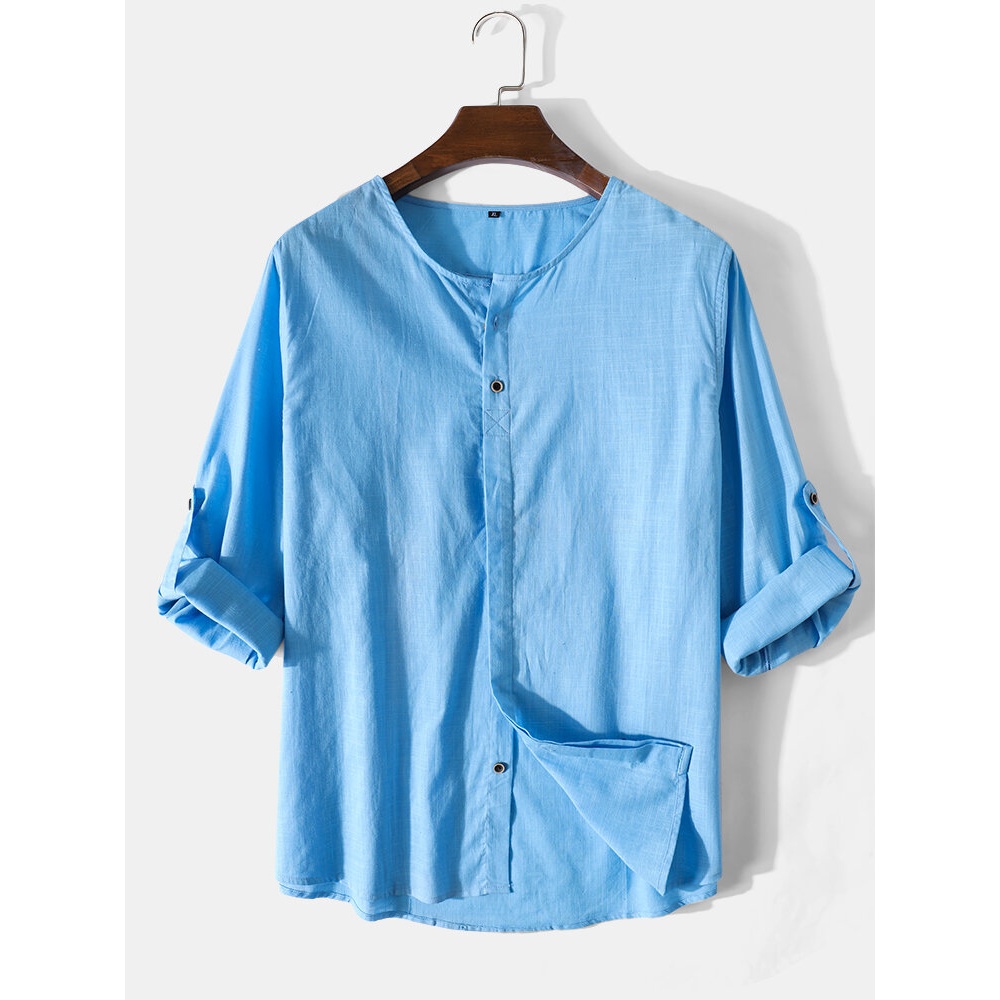 Mens Pure Color Basics Cotton Long Sleeve Shirts With Sleeve Tabs - White XL