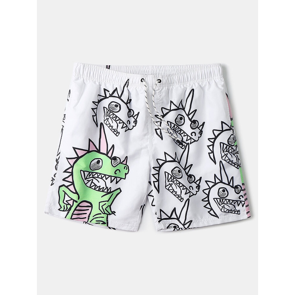 Mens Cartoon Dinosaur Print Quick-Drying Drawstring Beach Shorts - White M