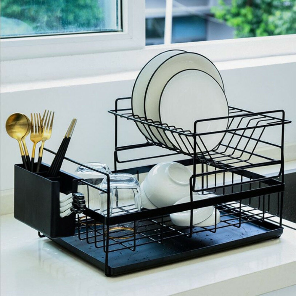 Multifunctional Drying Dish Rack Stainless Steel Sink Tableware Storage Shelf Kitchen - Black - Image 2