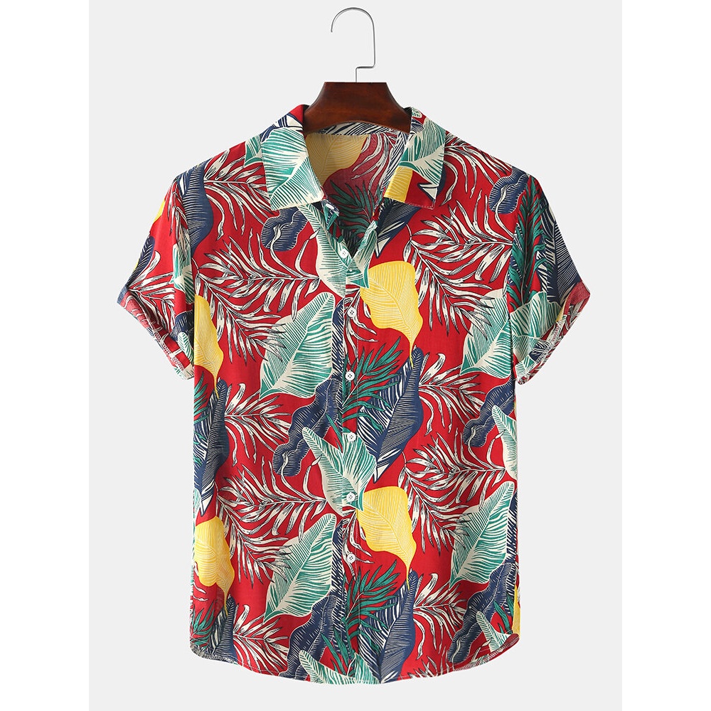 Mens Cotton Print Turn Down Collar Short Sleeve Shirts - Navy M