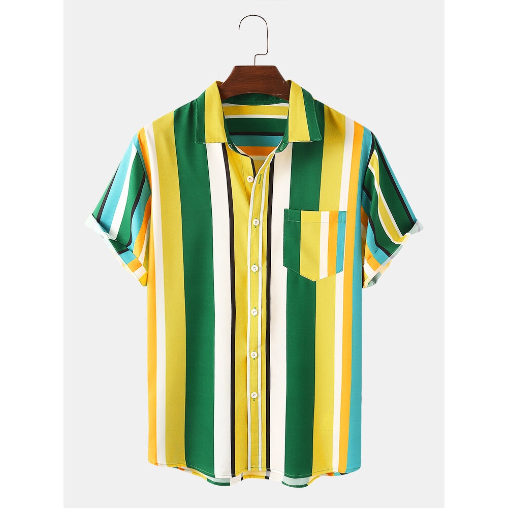 Mens Colorful Stripe Chest Pocket Lapel Collar Hawaii Beach Short Sleeve Shirts - Yellow S