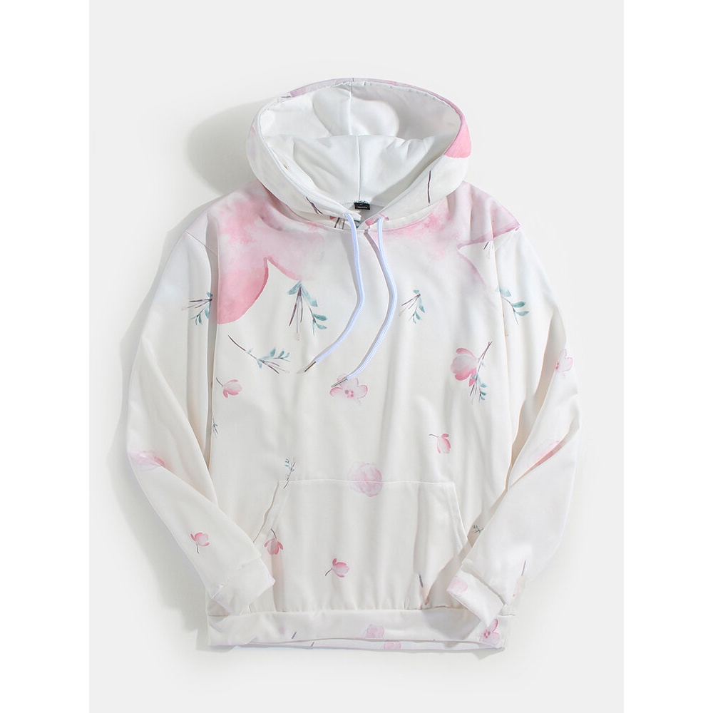 Mens Allover Flower Print Casual Drawstring Hoodies With Pouch Pocket - Pink M