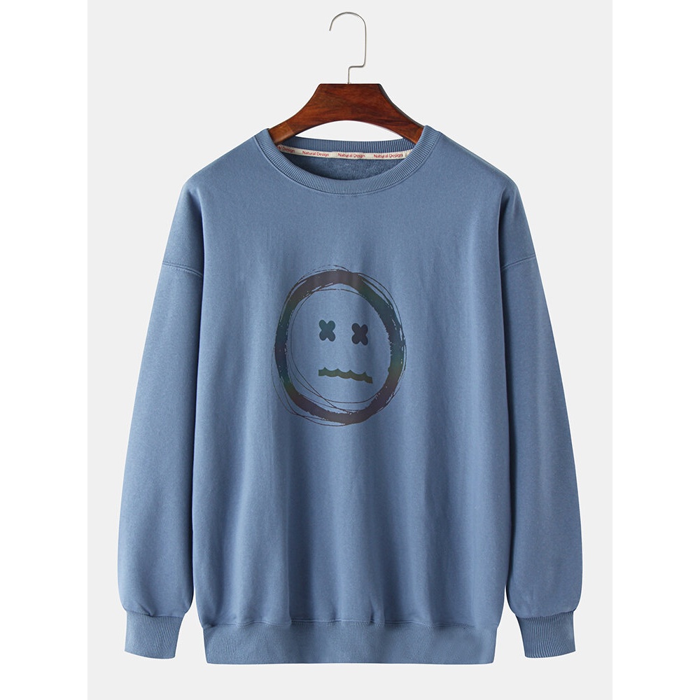 Cotton Mens Design Reflective Emojis Print Pullover Drop Shoulder Long Sleeve Sweatshirts - Blue 4XL