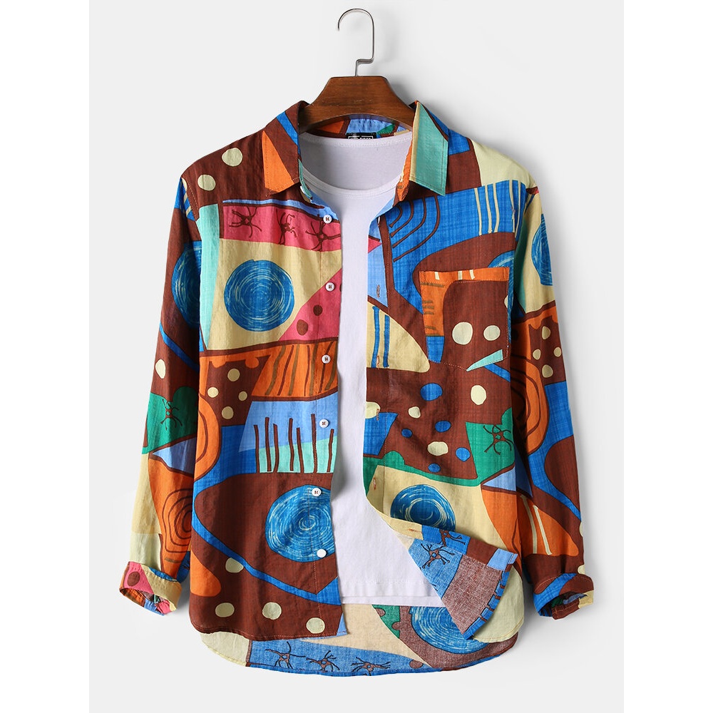 Mens Fashion Spring Color Block Funny Pattern Long Sleeve Casual Shirts - XL Black