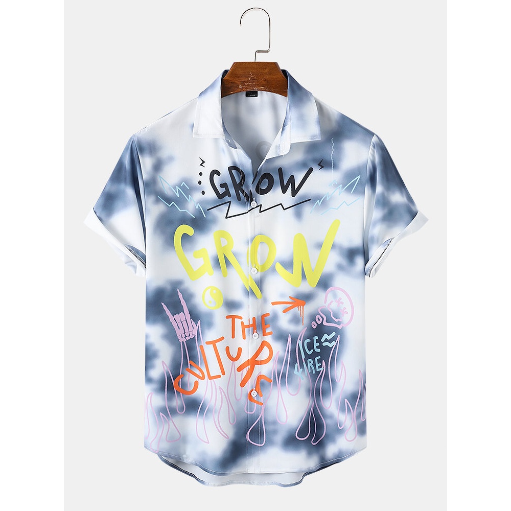 Mens Tie Dye Letter Print Lapel Short Sleeve Shirt - Black grey M