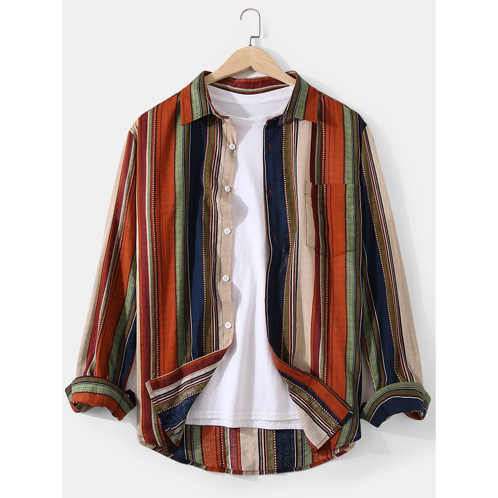 Mens Cotton Colorful Stripe Print Long Sleeve Shirts With Pocket - Red 2XL