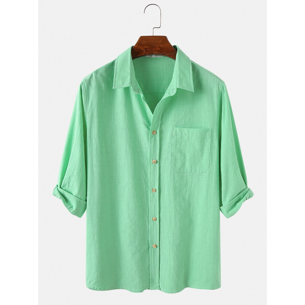 Mens 100% Cotton Turn Down Collar 3/4 Sleeve Shirts - Yellow M