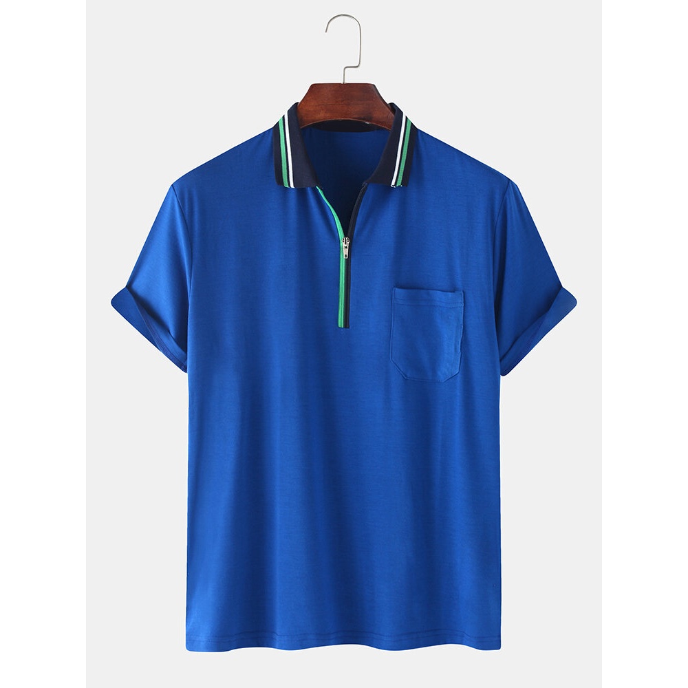 Mens Front Zip Chest Pocket Short Sleeve Lesure Sport Golf Shirts - White S