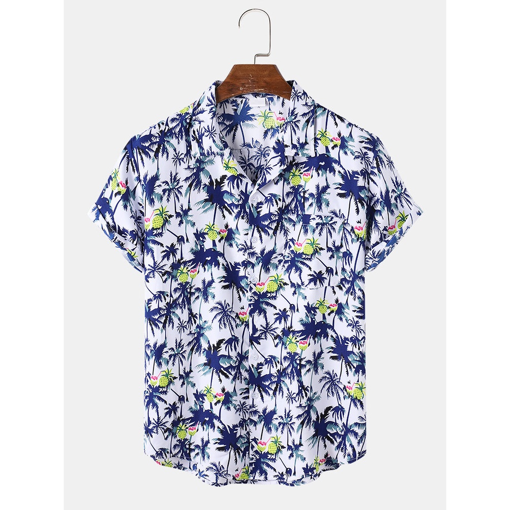 Mens Cotton Coconut Tree Print Revere Collar Short Sleeve Shirt - Blue 2XL