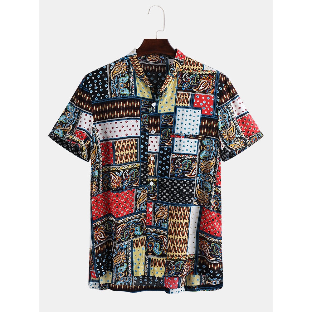 Mens Vintage Stylish Pattern Summer Loose Printing Shirts - 2XL As Picture