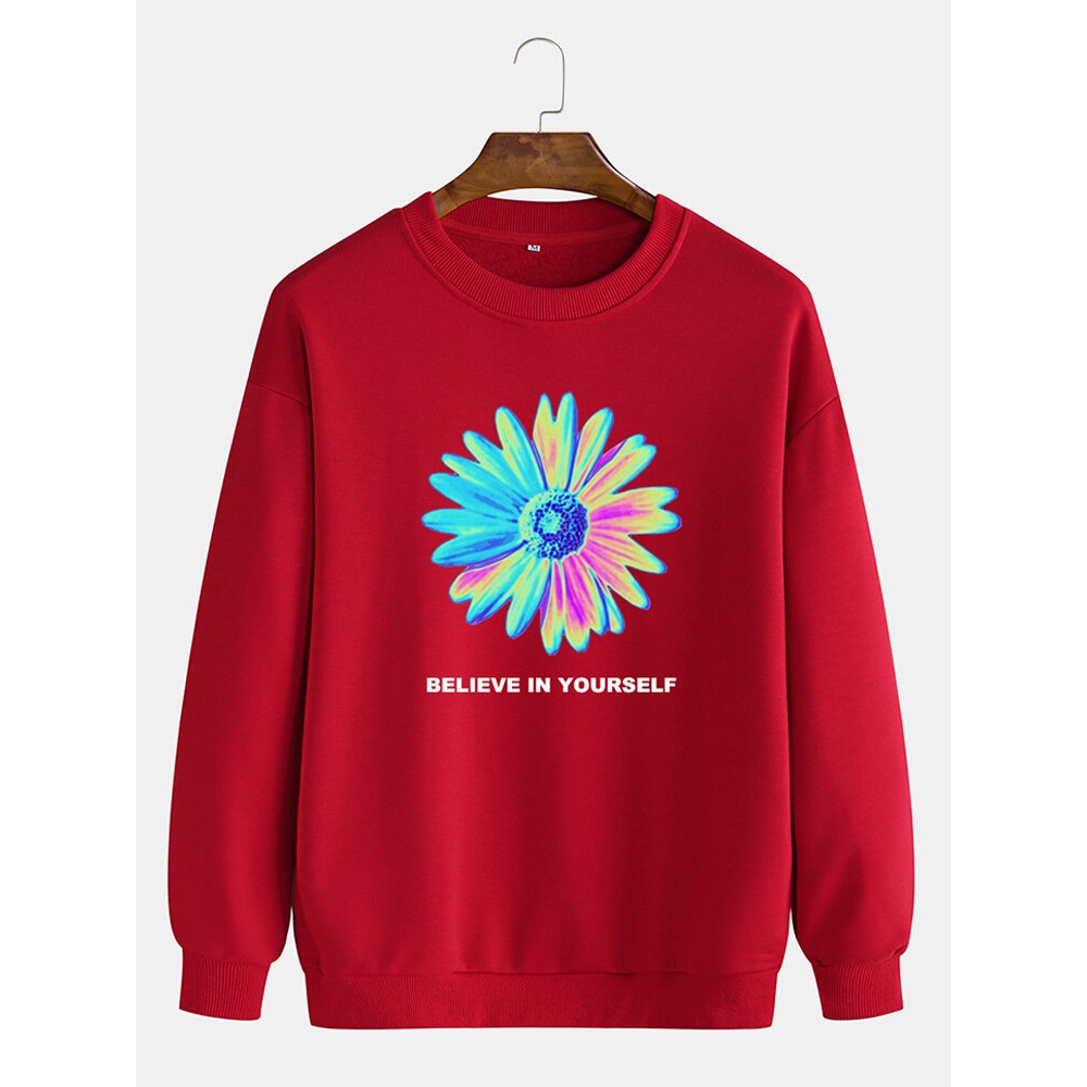 Mens Cotton Colorful Floral Print Drop Shoulder Pullover Long Sleeve Swearshirts - Red S