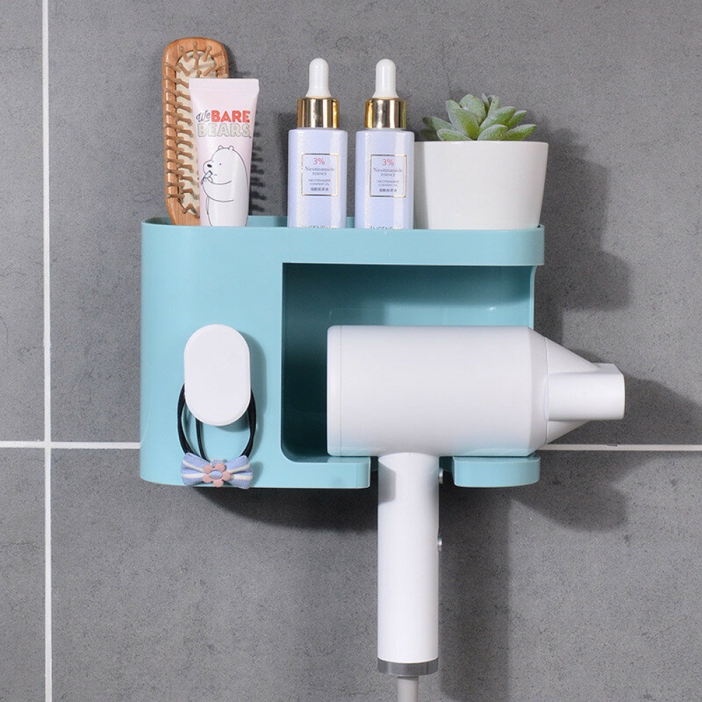 Multifunction Adhesive Hair Dryer Holder Bathroom Hair Blow Drier Holder with Hair Care Tools Storage Baskets - White - Image 2