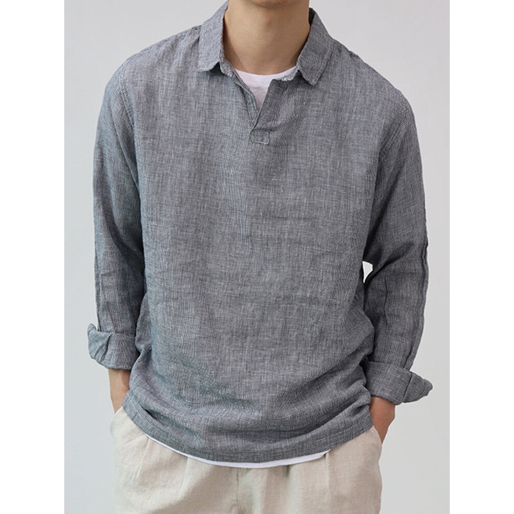 Mens Simple Texture Long Sleeve Henley Shirts - Navy S