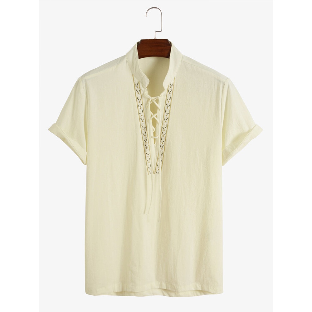 Mens Casual Embroidery Stand Collar Cotton Shirts - Apricot S