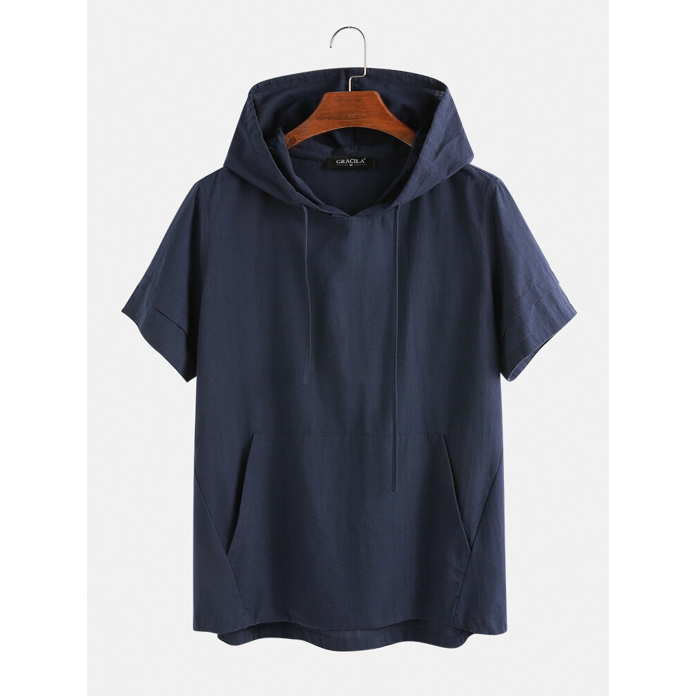 Mens 100% Cotton Drawstring Hooded Short Sleeve Breathable T-shirts - White M