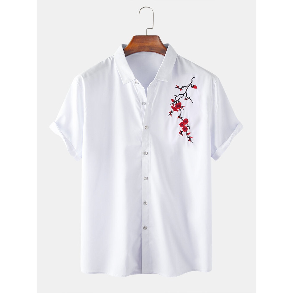 Mens Oriental Plum Blossom Embroidery Short Sleeve Casual Shirts - White M