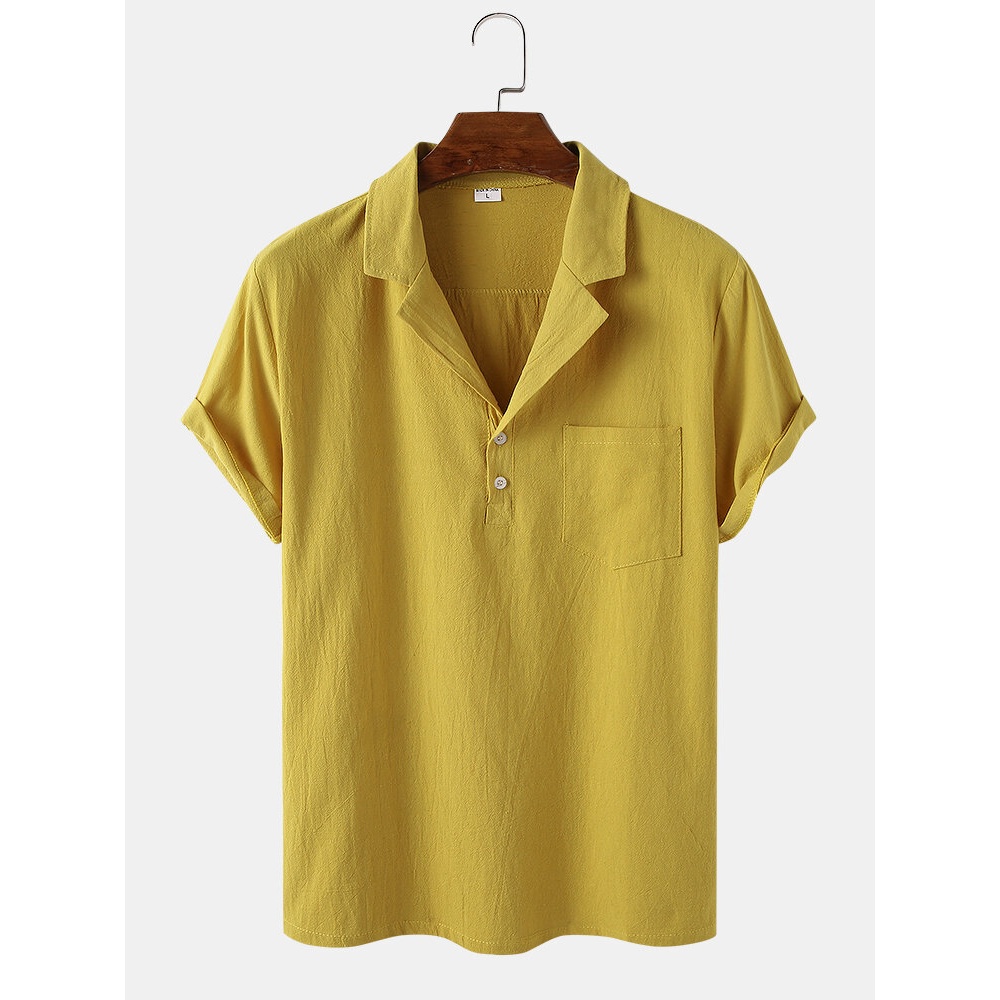 Mens Solid Color Cotton Light Chest Pocket Short Sleeve Henley Shirts - White M