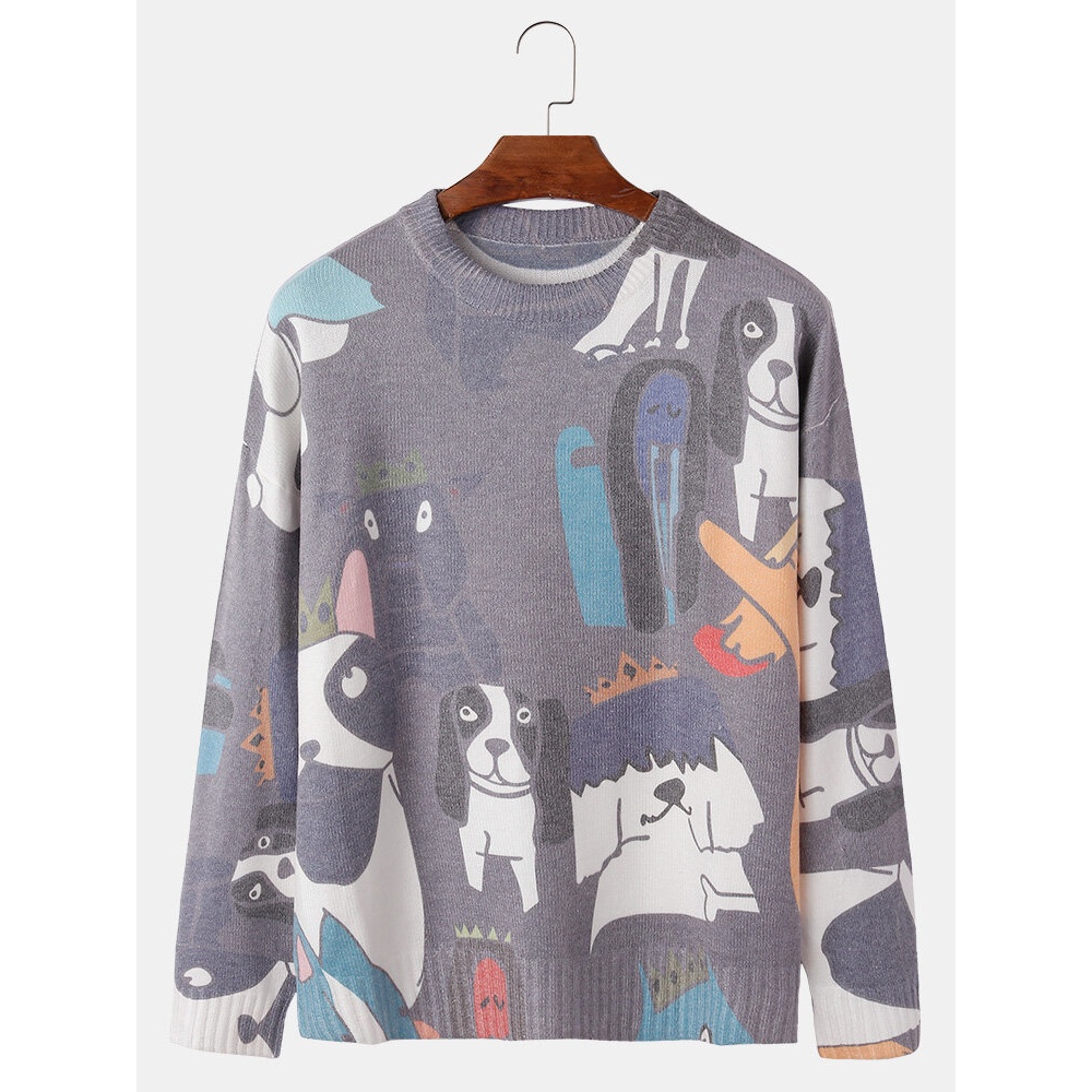 Mens Cute Cartoon Dog Round Neck Knitted Sweaters - M Khaki