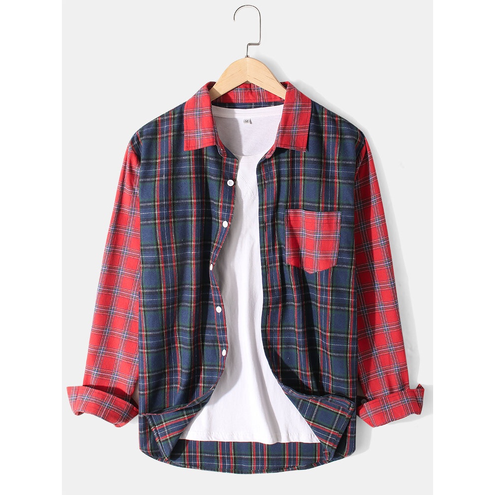 Mens Cotton Check Patchwork Lapel Casual Long Sleeve Shirts With Pocket - S Navy