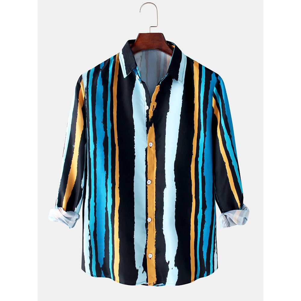 Mens Design Colorful Stripes Button Up Long Sleeve Casual Shirts - White M