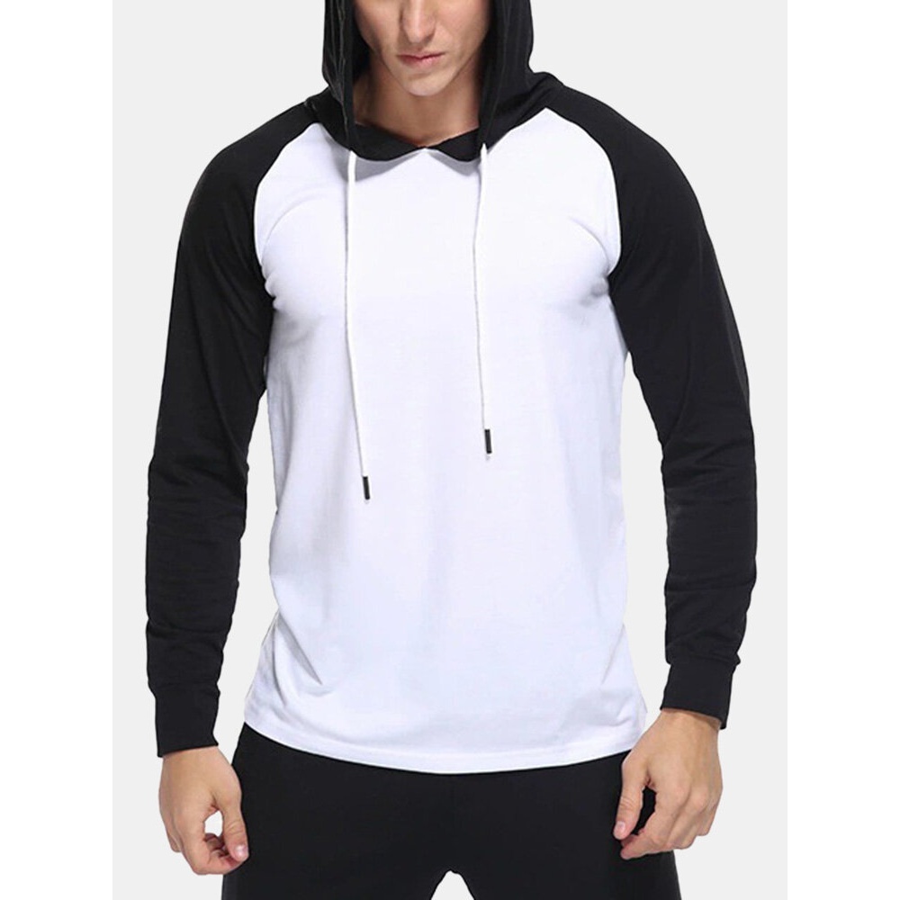 Mens Hooded Raglan Color Matching Drawstring Hoodies - White L