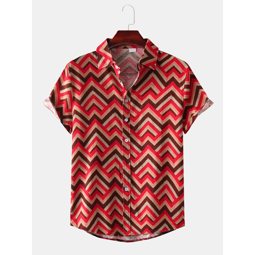 Men Color Block Geometric Print Turn Down Collar Casual Shirts - Red 2XL