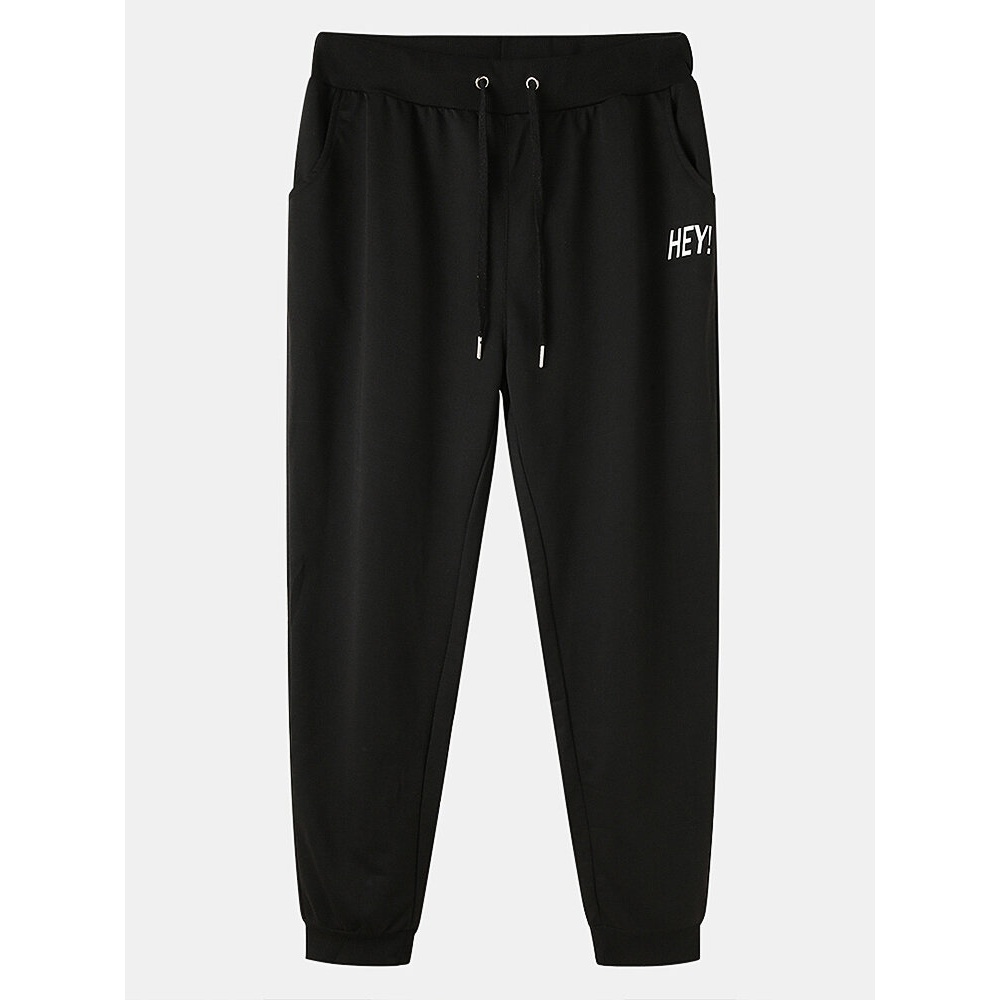 Mens Cotton Letter Print Black Drawstring Sport Jogger Pants - Black L