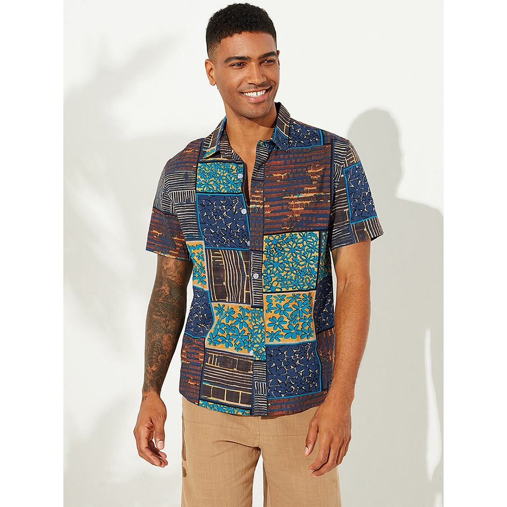 Mens Summer Ethnic Colorful Pattern Short Sleeve Hawaiian Casual Shirts - 2XL Orange Red