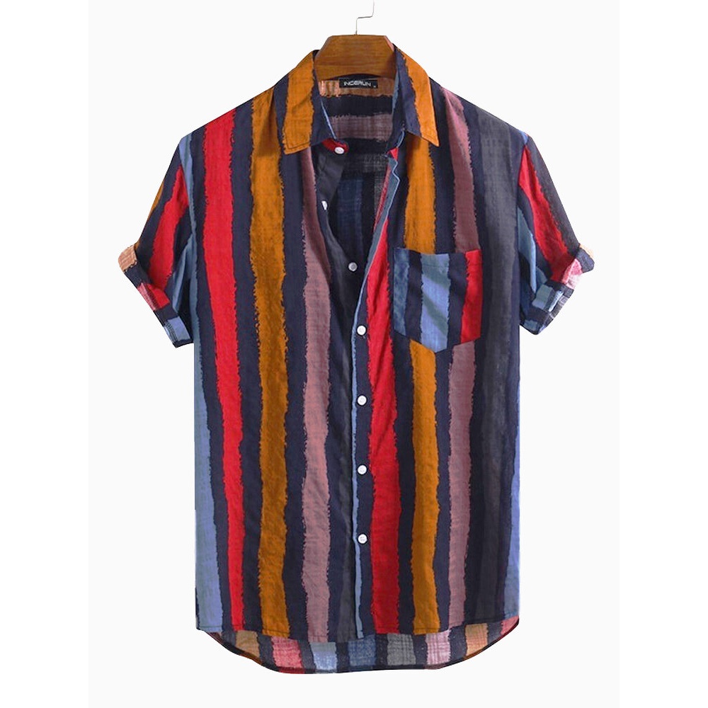 Men Colorful Stripe Short Sleeve Cotton Holiday Casual Shirts - S Red