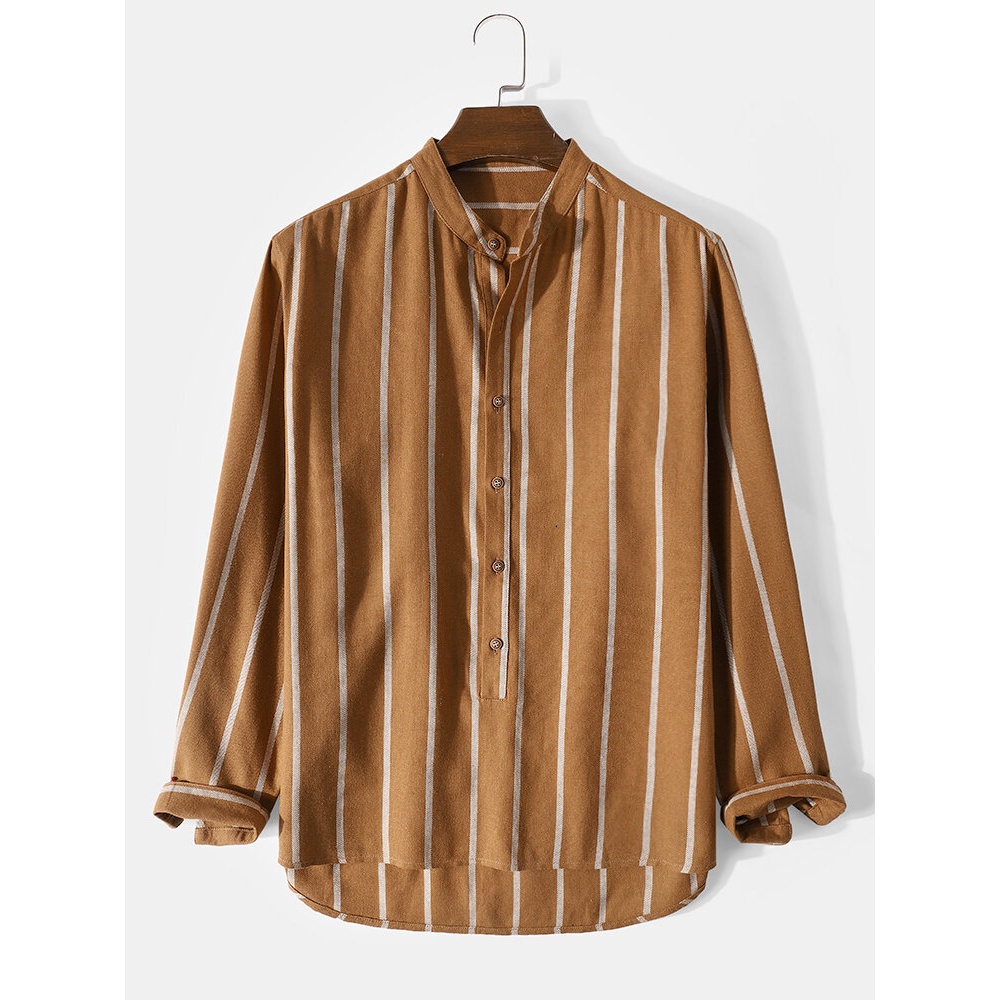 Mens 100% Cotton Striped High Low Plain Long Sleeve Henley Shirts - White 2XL