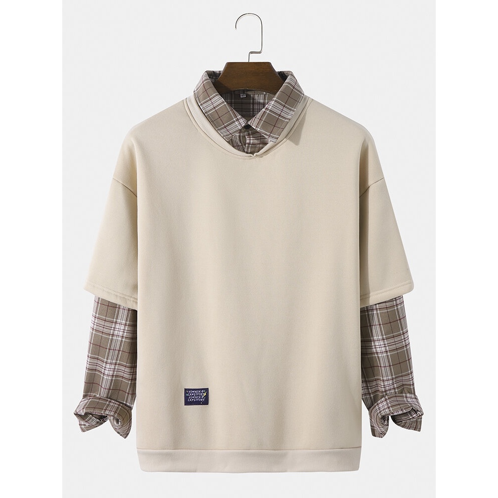 Men Patchwork Fakes Two Plaid Shirt Contrast Trendy Pullover Sweatshirt - Black XL