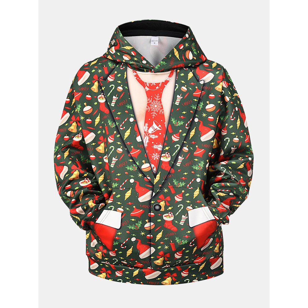 Mens Allover  Element Print Drop Shoulder Casual Pouch Pocket Hoodies - Green L