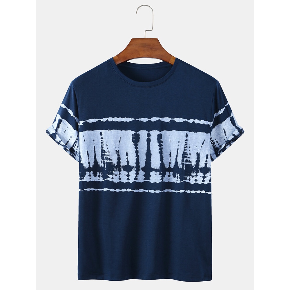 Mens 100% Cotton Abstract Print O-Neck Short Sleeve T-Shirts - Navy M