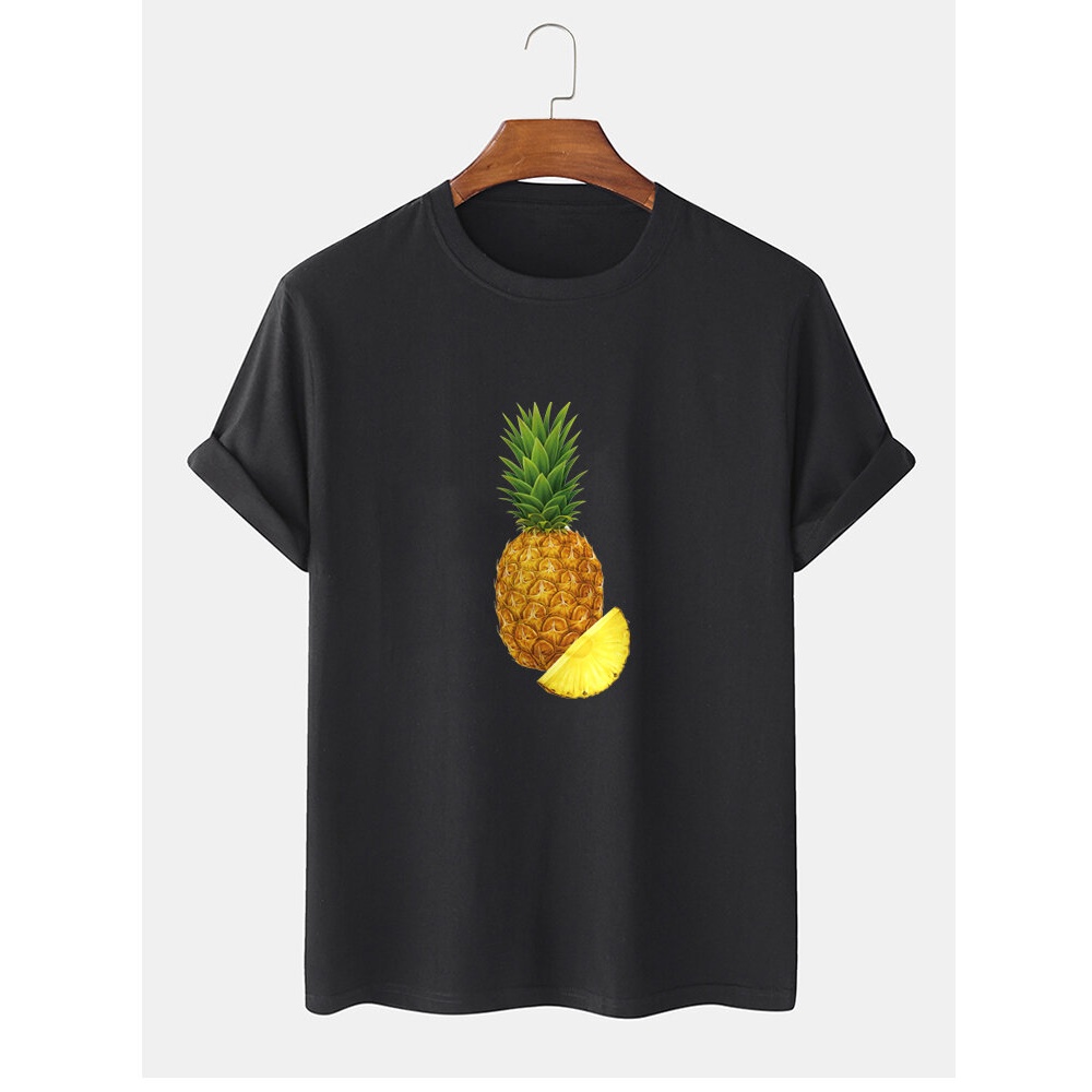 Mens 100% Cotton Pineapple Print Crew Neck Short Sleeve T-Shirts - Black XL
