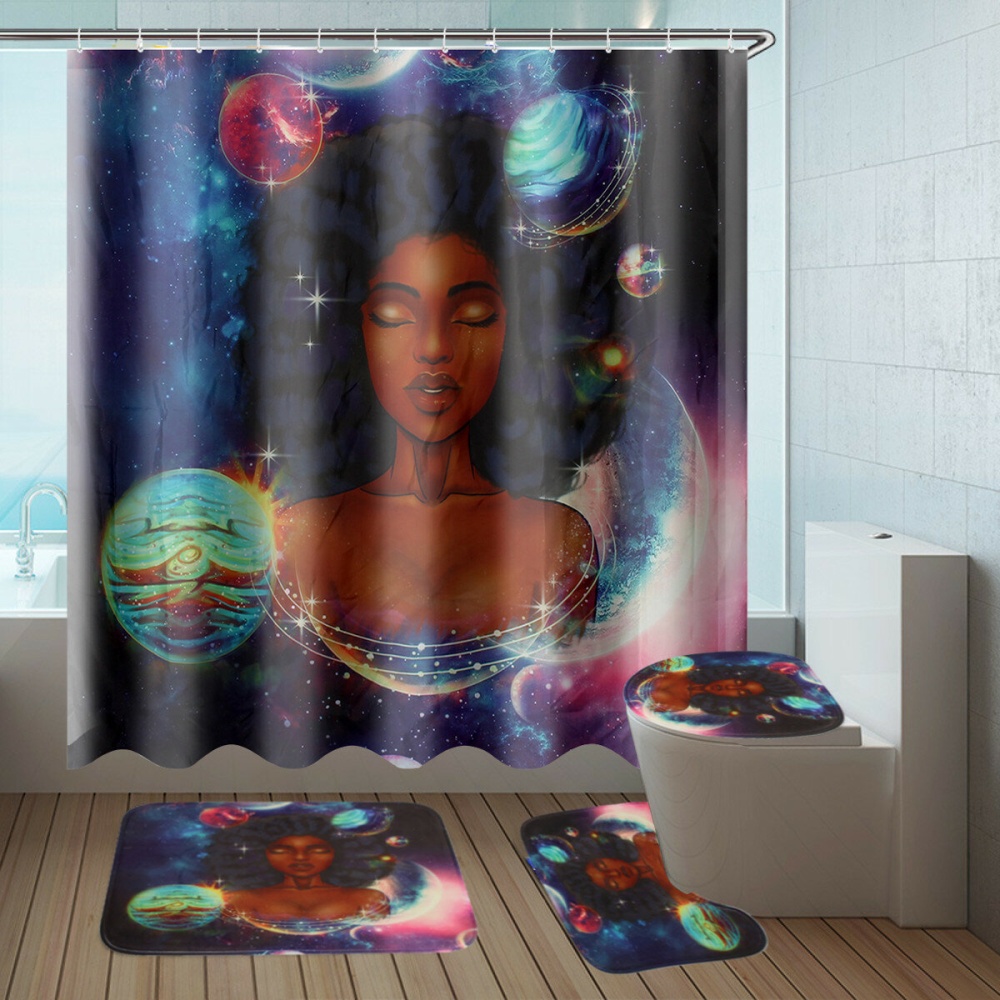 African Girl Waterproof Bathroom Shower Curtain Non-Slip Rug Toilet Cover Bath Mat Set Home Decor - Type A - Image 2