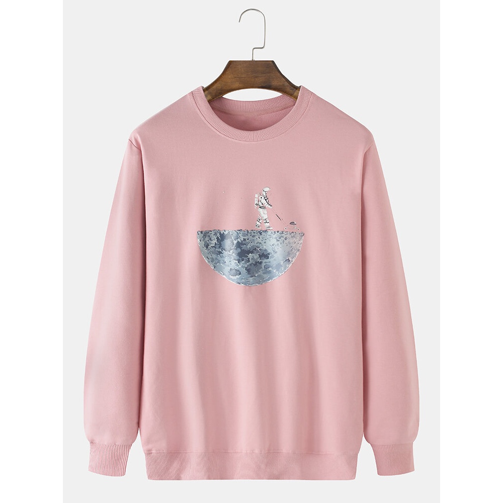 Mens Space Astronaut Printing Cotton Crew Neck Casual Sweatshirts - Black S