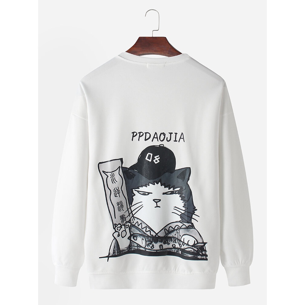 Mens Cat Cartoon Back Print Drop Shoulder Long Sleeve Casual Sweatshirts - Black 3XL