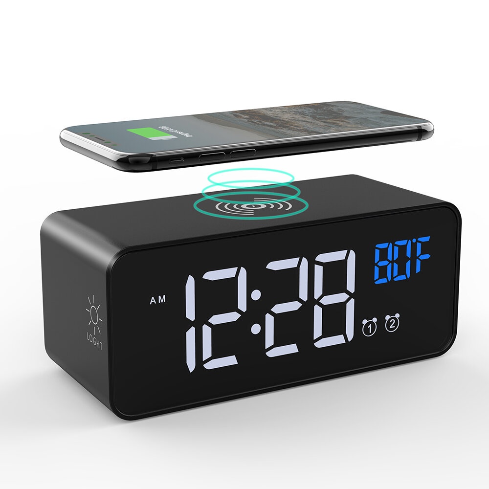 Digital Alarm Clock with Qi Wireless Charger Temperature Sensor 5 Level Dimmer 8 Level Alarm Volume Dual Alarm Setting 4 Ringtones Compatible with iP