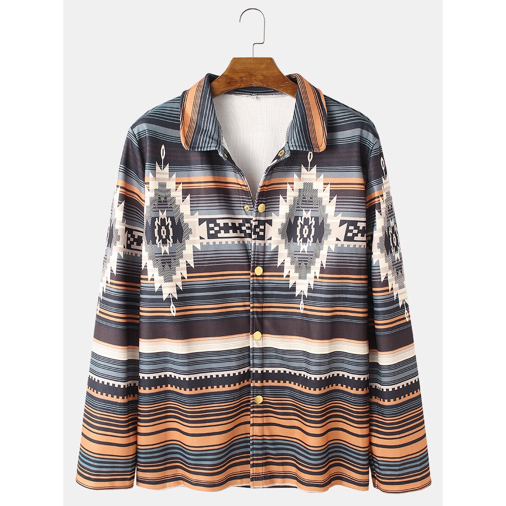 Mens Tribal Striped Print Lapel Vintage Long Sleeve Shirts - XL Multi Color