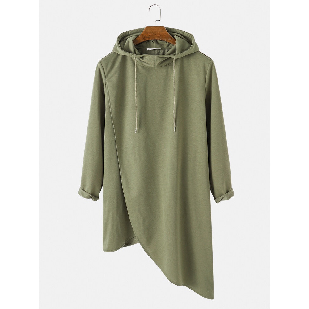 Mens Solid Color Long Sleeve Asymmetrical Hem Drawstring Hoodies - Army Green S