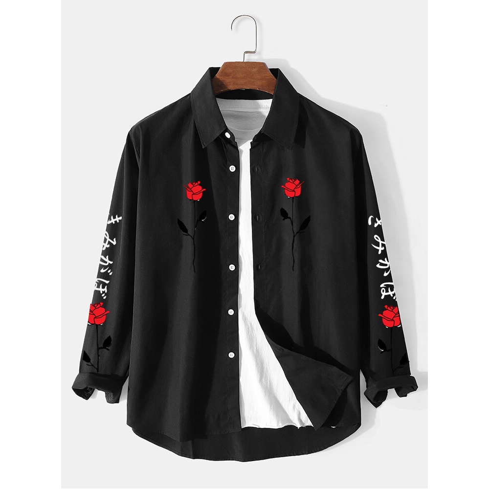 Men Rose Printed Japanese Letter Lapel Collar Buttons Long Sleeve Shirts - Black S