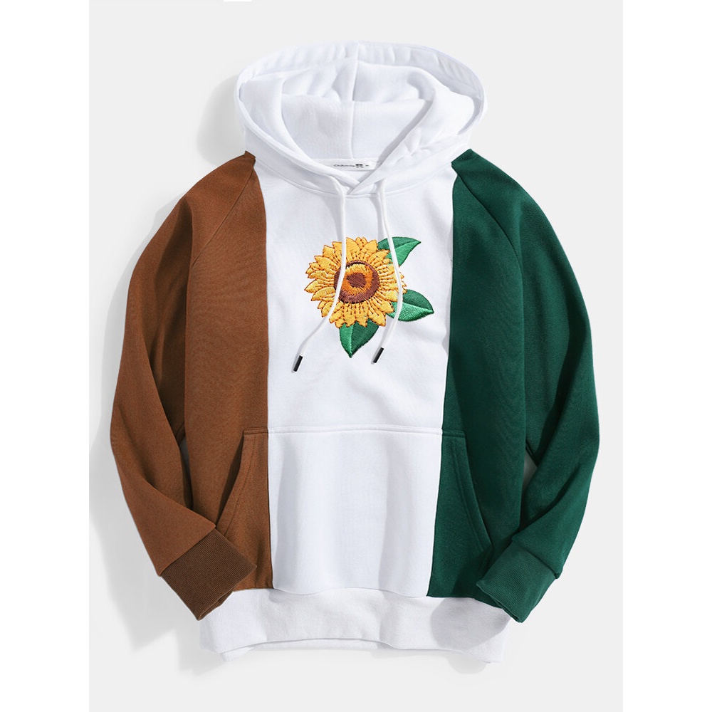 Mens Sunflower Embroidery Contrast Color Patchwork Long Raglan Sleeves Hoodies - Blue S
