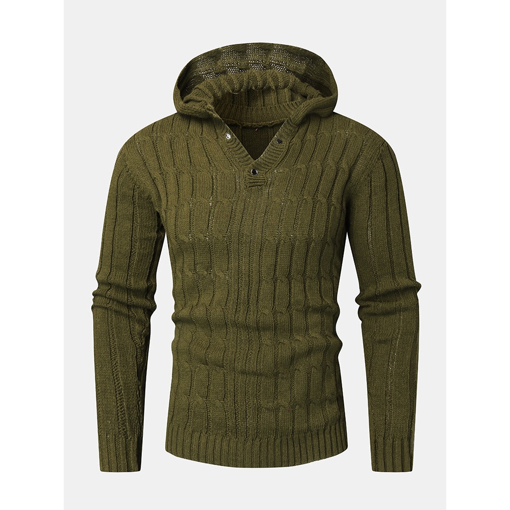 Mens Cable Solid Color Long Sleeve Warm Knitting Hooded Sweaters - Green L