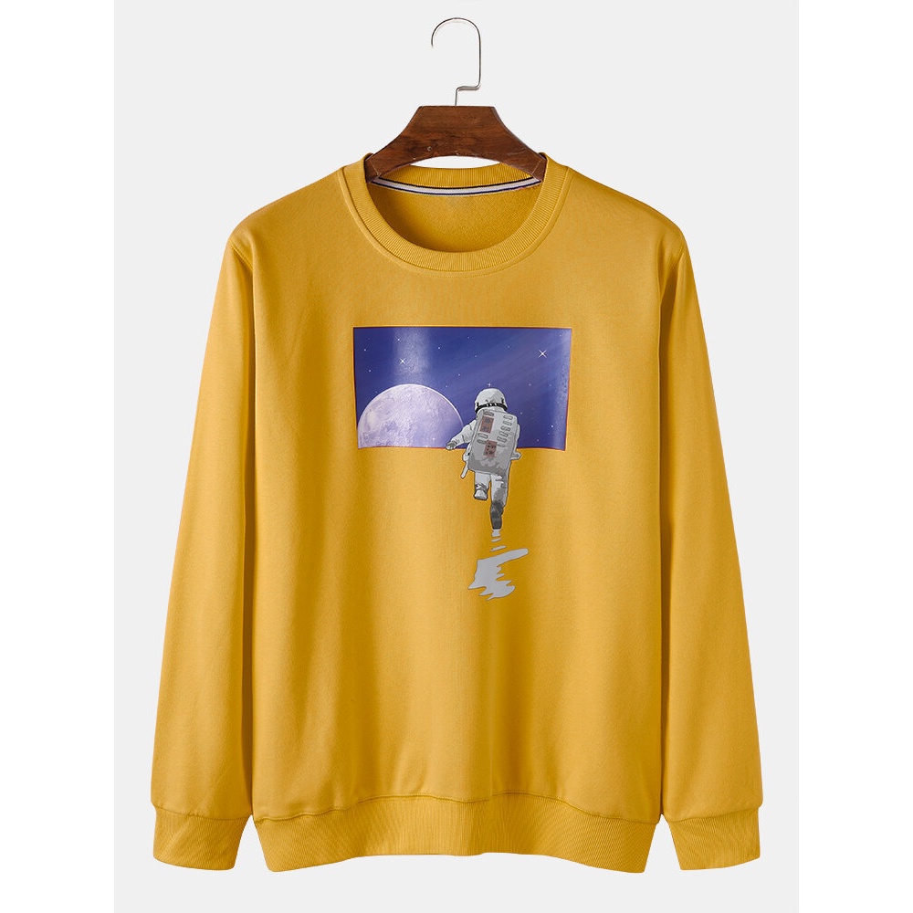 Mens Astronaut Moon Graphic Crew Neck Cotton Casual Pullover Sweatshirts - White M