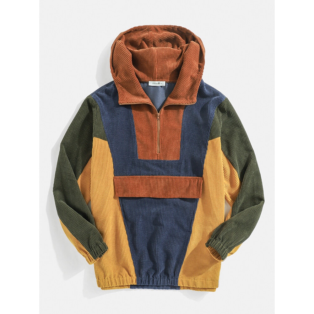 Mens Designer Patchwork Corduroy Half Button Pullover Hoodies - M Blue