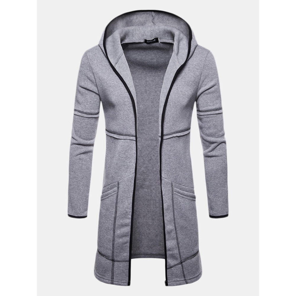 Mens Casual Mid Long Solid Color Long Sleeve Sweatshirts - S Light Gray