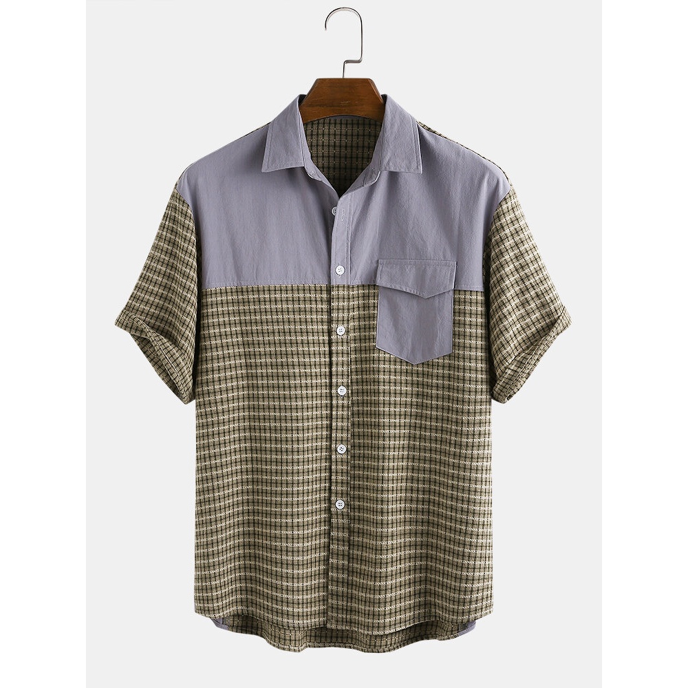 Mens 100% Cotton Patchwork Turn Down Collar Short Sleeve Shirts - Yellow M