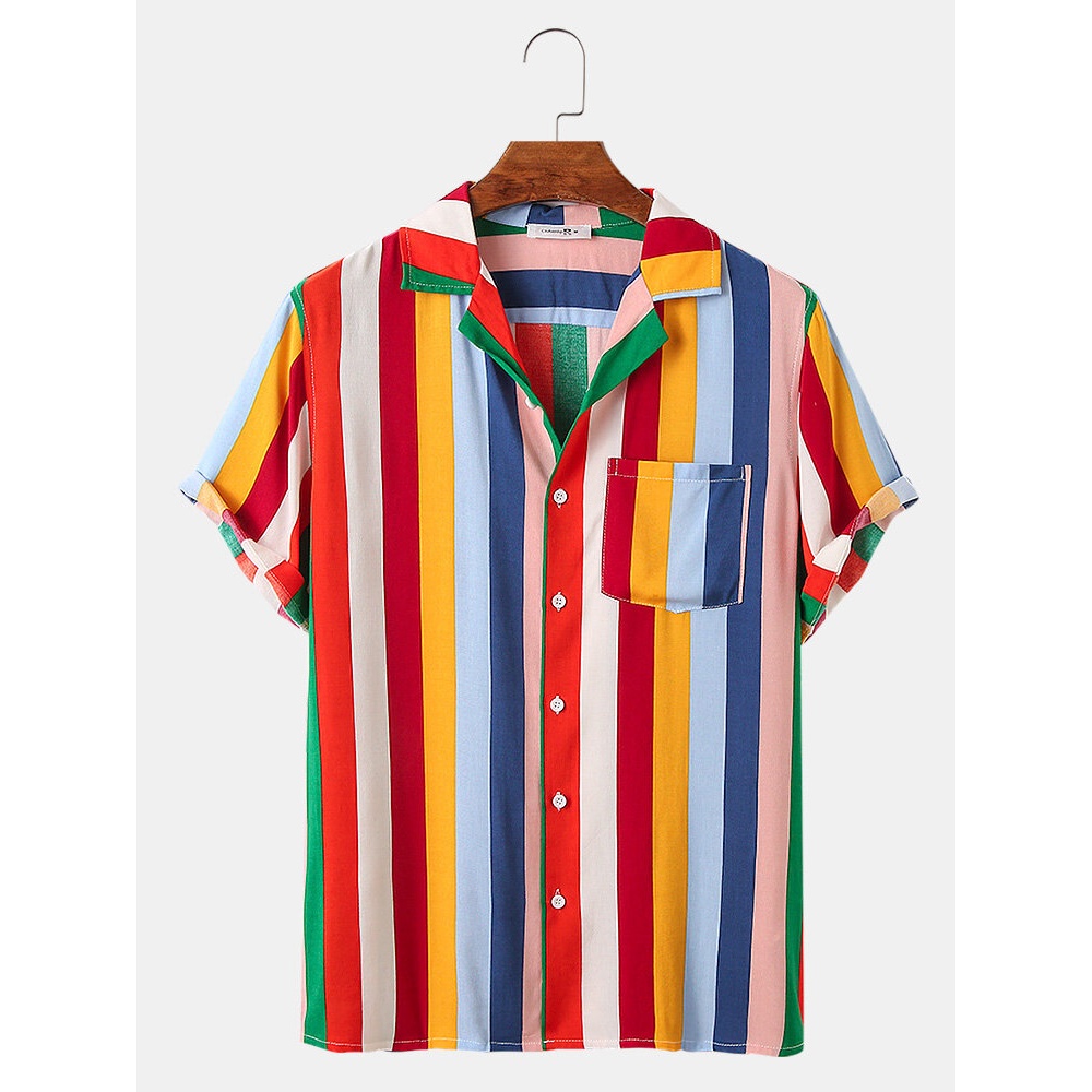 Casual Multicolor Vertical Stripes Mens Short Sleeve Cotton Shirts With Pocket - Green S