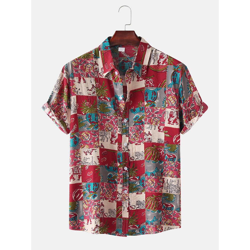 Men Funny Plaid Doodle Turn Down Collar Hawaii Beach Short Sleeve Shirts - Red M