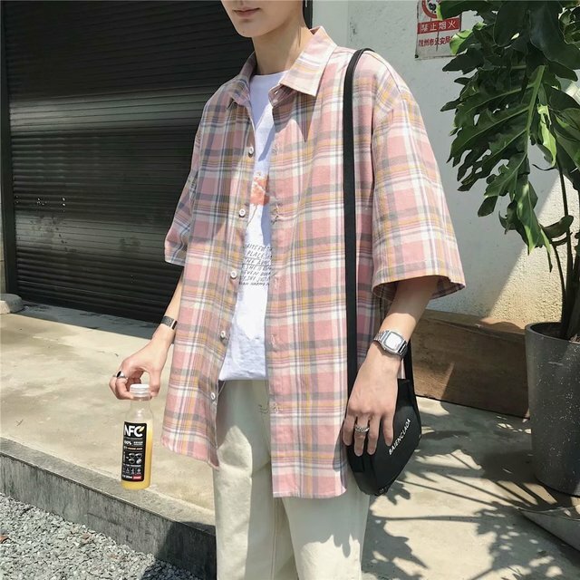 New Season Thin Shirt Men's Cotton Plaid Cardigan Short Sleeve Blue Stream Lapels - XL Pink - Image 2